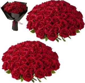 Fanfantoey Red Roses Artificial Flowers Bulk, 52Pcs Fake Roses Flower Arrangement, DIY Silk Flowers Roses Bouquet, Realistic Faux Artificial Roses for Valentine's Day Home Table Decor