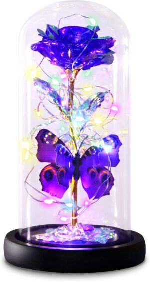 Mothers Day Rose Gifts for Mom, Galaxy Purple Butterfly Rose in Glass Dome, Light Up Forever Roses Birthday Gifts for Women Mom Grandma, Eternal Rose Gift for Her Anniversary, Mother Gift