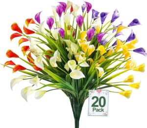 TURNMEON 20 Bundles Calla Lily (400 Heads) Artificial Flowers for Outdoors, Fake Plants UV Resistant Faux Plastic Fake Flowers for Indoor Planter Porch Gardens Home Summer Cemetery Decor(Color Mix)
