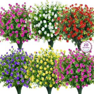 Bassion 20 Bundles Artificial Flowers for Outdoors Decoration UV Resistant Faux Flowers Fake Plastic Plants Shrubs for Indoor Outside Garden Porch Hanging Planter Window Box Home Decor